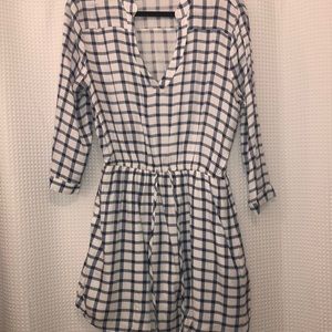Navy blue and white gingham drawstring dress